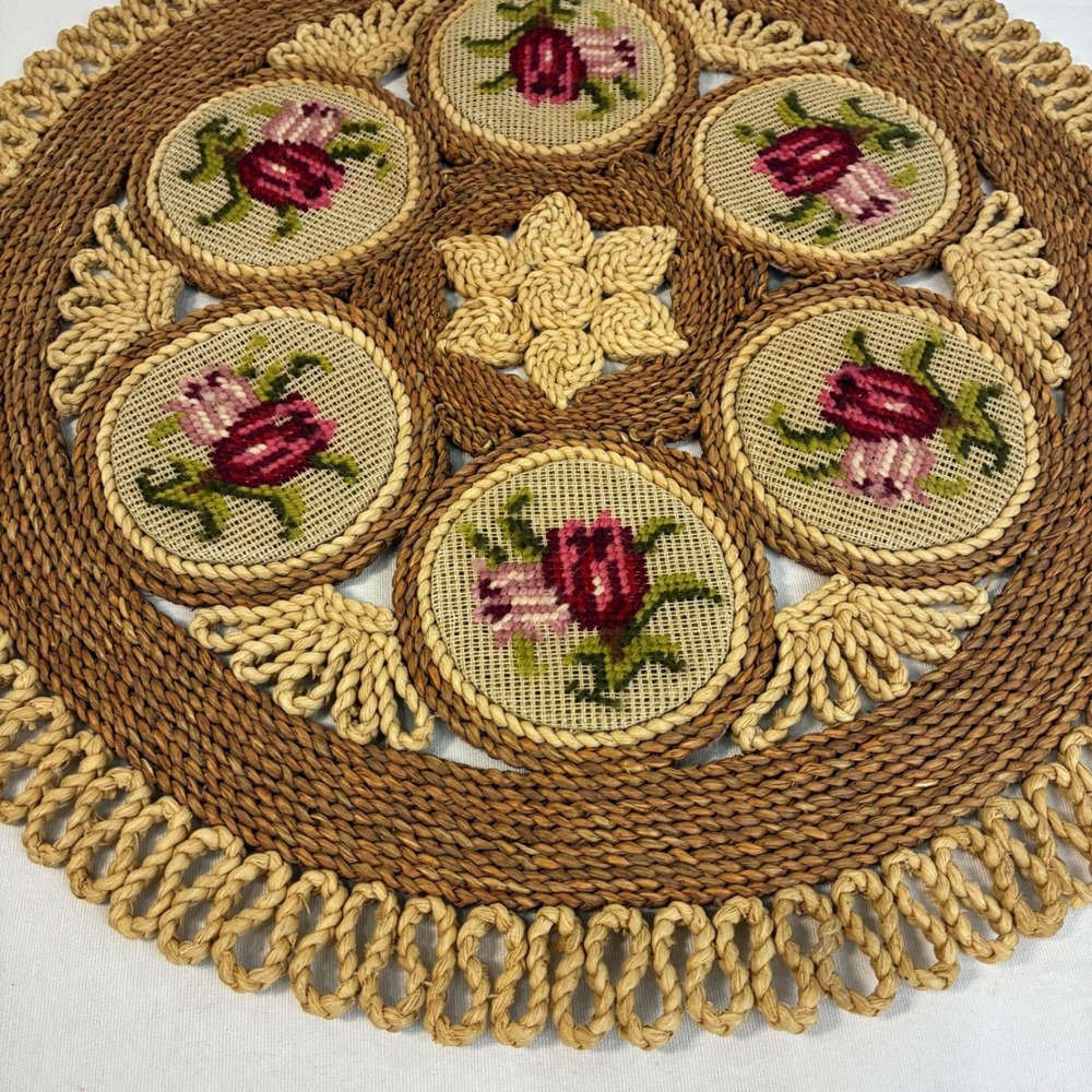 Vintage Rattan Needlepoint Center Placemat Roses Table Handmade Cottagecore Boho - Picture 3 of 5
